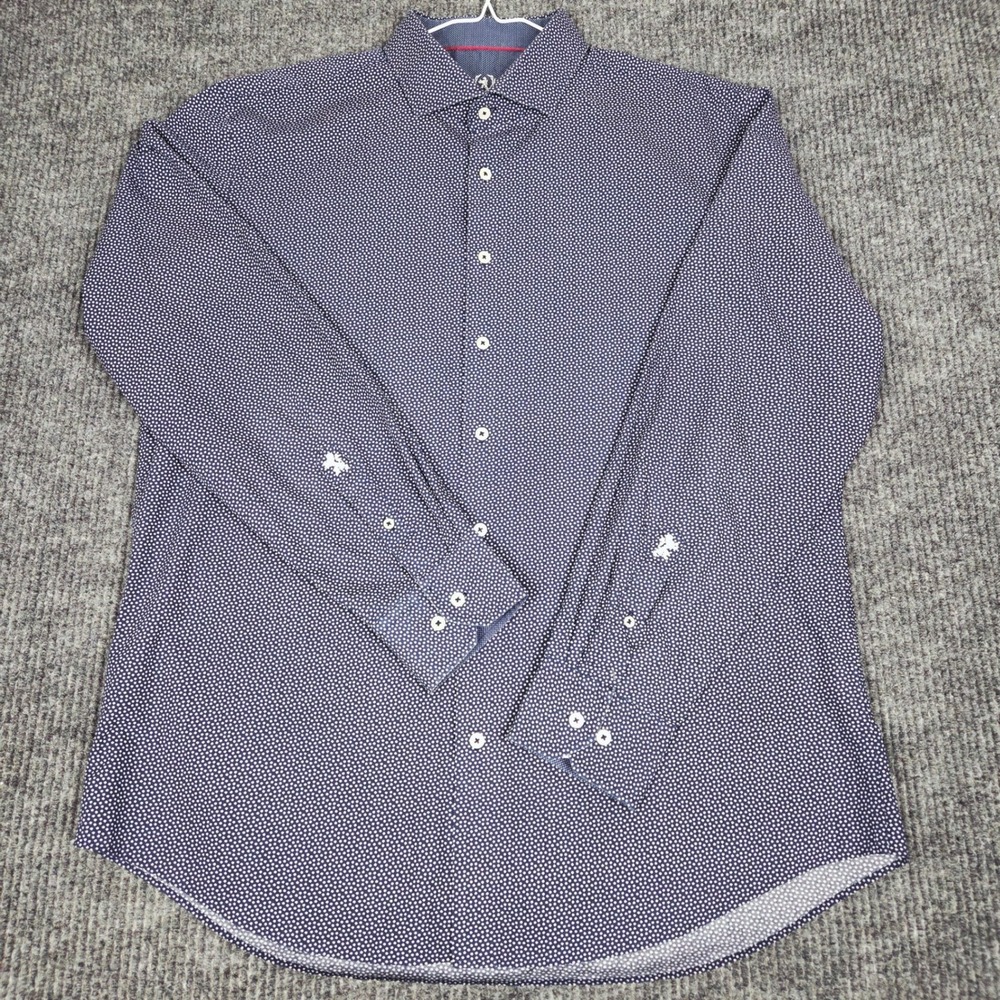 Bugatchi Uomo Mens 18 36/37 Navy Blue White Micro Floral Star Cotton Shirt